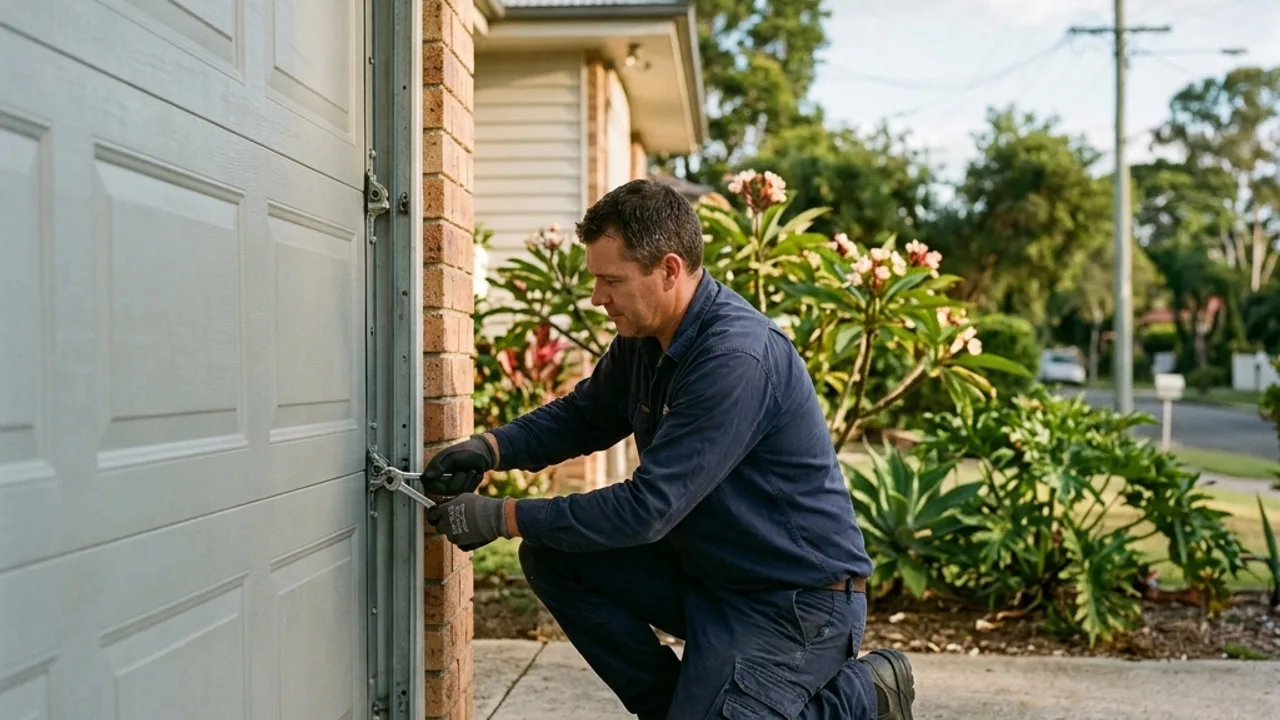 Garage door technician servicing a sectional door at a Brisbane home