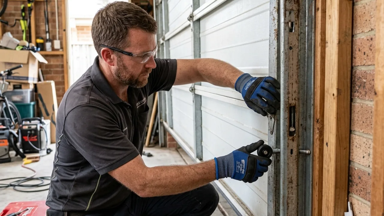 Garage door technician at work - remote and keypad programming