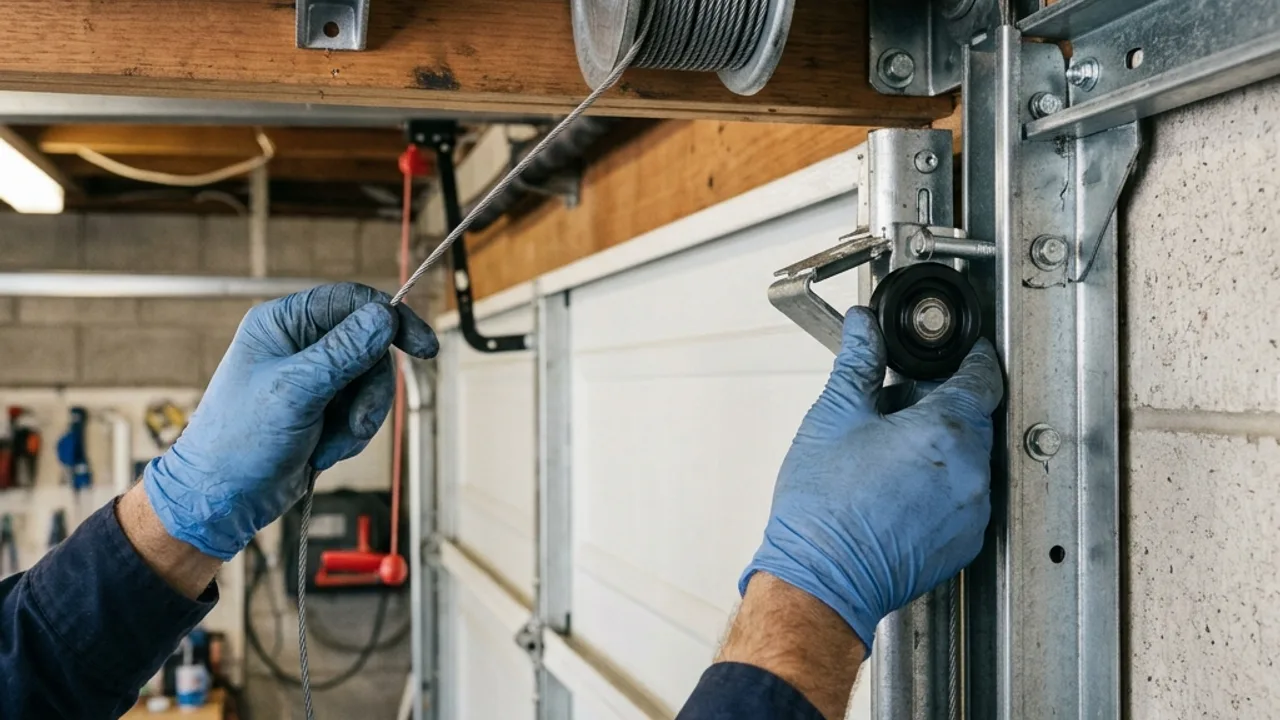 Garage door cable replacement and worn track roller renewal on a Brisbane door