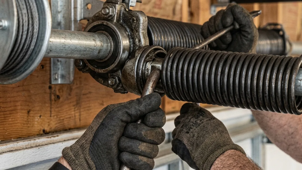 Garage door spring replacement being carried out on a Brisbane sectional door