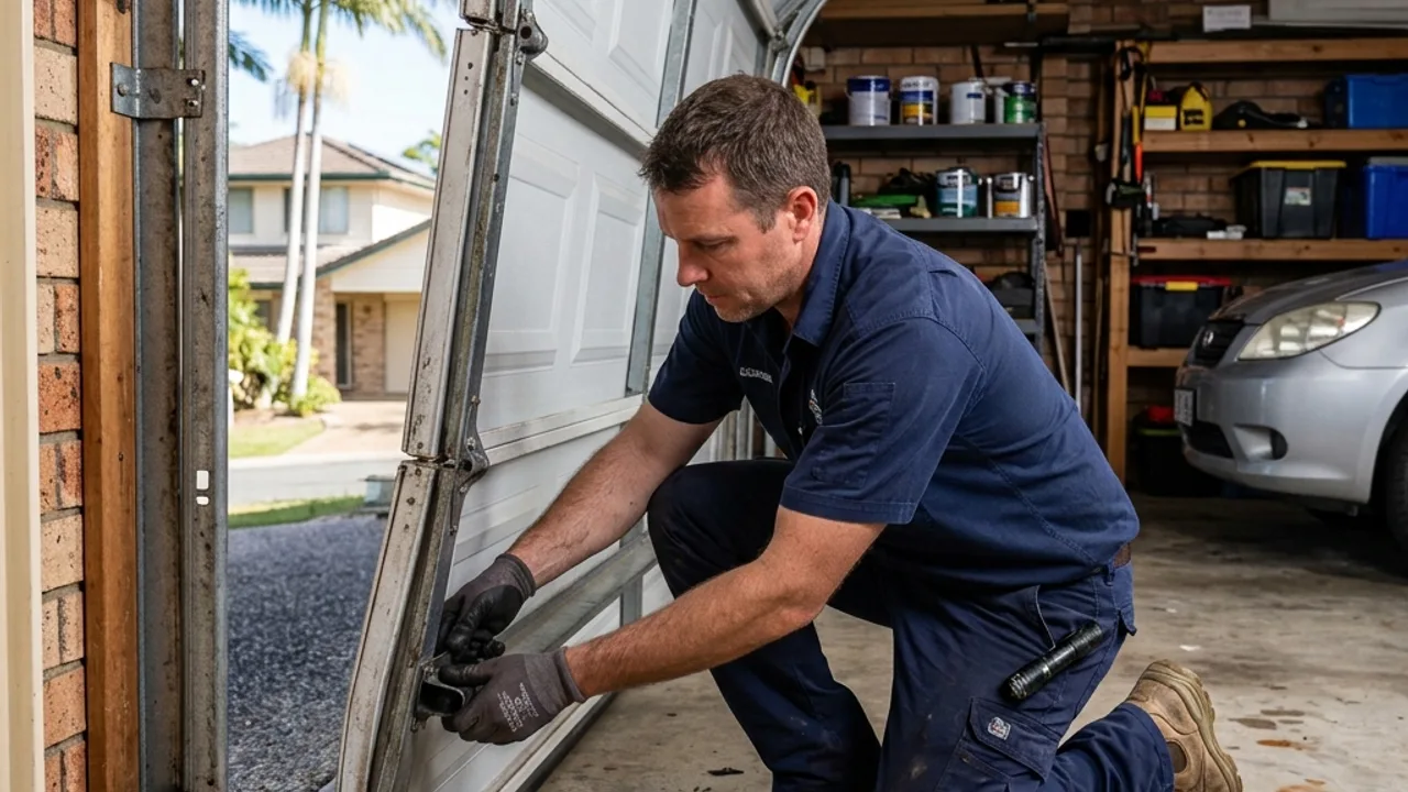 Off track garage door repair, re-railing a derailed sectional door in Brisbane