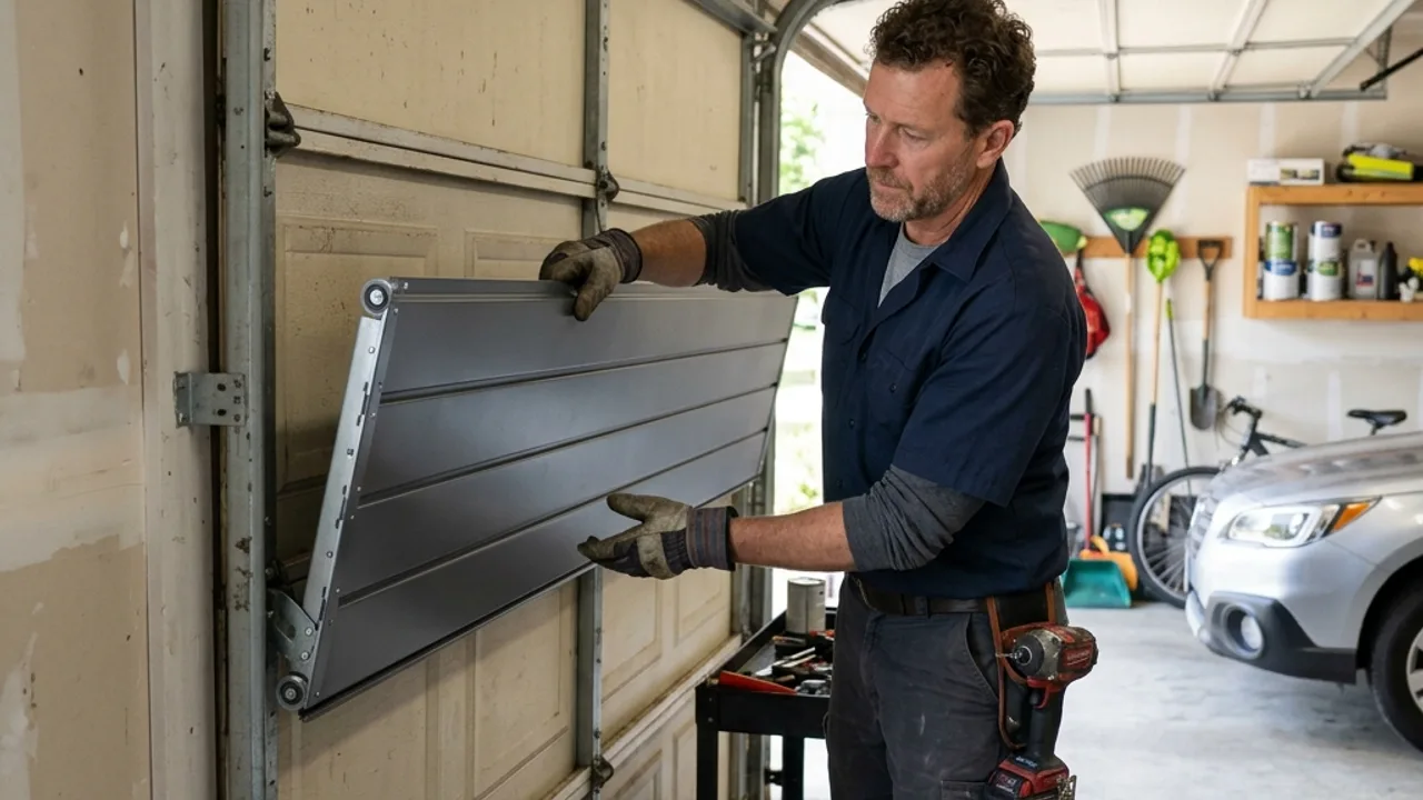 Damaged sectional door panel replacement on a Brisbane garage door