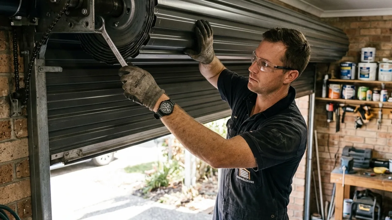 Roller door repairs servicing the curtain and barrel on a Brisbane garage